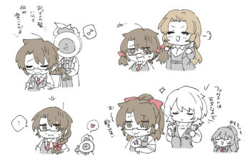 Rule 34 | ..., 1other, 2boys, 2girls, = =, ?, absurdres, ahoge, alternate hairstyle, arrow (symbol), belt, black belt, black coat, black hair, black pants, black shirt, black vest, blush, bottle, bow, braid, braiding, braiding another's hair, braiding hair, brown eyes, brown hair, chair, chibi, chibi only, clock, closed eyes, closed mouth, coat, collared shirt, comb, comic, dante (limbus company), eighth note, facial hair, faust (project moon), fire, formal clothes, from side, glasses, gregor (project moon), hair between eyes, hair bow, hair conditioner, hair ornament, hair ribbon, hair tie, hairdressing, half-closed eyes, hands in another's hair, hands up, heart, high ponytail, highres, holding, holding bottle, holding comb, holding mirror, hong lu (project moon), id card, jitome, lily26983455, limbus company, limited palette, long hair, looking ahead, looking at another, looking at hair, looking at mirror, looking down, low-braided long hair, low-tied long hair, male focus, mirror, multiple boys, multiple girls, musical note, necktie, object head, on chair, open mouth, pants, parted bangs, partially colored, ponytail, project moon, puff of air, raised eyebrows, red necktie, ribbon, rodion (project moon), sanpaku, semi-rimless eyewear, shirt, sigh, simple background, single braid, sitting, sleeves rolled up, smile, solo focus, sparkle, speech bubble, spoken ellipsis, spoken heart, spoken musical note, spot color, stubble, suit, sweatdrop, sweater, thumbs up, translation request, turn pale, turtleneck, turtleneck sweater, twintails, under-rim eyewear, upper body, vest, white background, white hair, white shirt