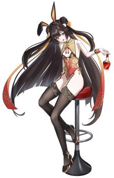 1girl absurdres bar_stool bare_shoulders black_survival black_thighhighs blush bottle breasts brown_hair chinese_clothes commentary double_bun eternal_return:_black_survival floral_print full_body garter_straps hair_bun hair_ornament hair_ribbon high_heels highres holding holding_bottle leotard li_dailin long_hair looking_at_viewer open_mouth petite playboy_bunny pom_pom_(clothes) pom_pom_hair_ornament ribbon simple_background sitting small_breasts solo stool thighhighs thighs twintails very_long_hair white_background yellow_eyes zehi02