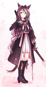 1girl absurdres animal_ears asymmetrical_clothes black_boots black_gloves black_sailor_collar blush boots bridal_gauntlets brown_hair closed_mouth clothing_cutout commentary_request flower flower_in_eye full_body gloves gradient_background hair_intakes hand_on_own_chest high_heel_boots high_heels highres hip_vent holding holding_sword holding_weapon horse_ears horse_girl horse_tail knee_boots lace-up_boots looking_at_viewer multicolored_hair neckerchief pink_eyes pink_flower pink_neckerchief pink_ribbon ribbon sailor_collar sakura_chitose_o_(umamusume) sarasuty sheath sheathed shirt short_sleeves single_glove skirt smile solo standing streaked_hair swept_bangs sword symbol_in_eye tail two-tone_hair umamusume weapon white_background white_hair white_shirt white_skirt
