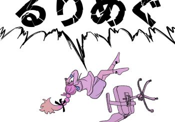 1girl anyoji_hime chair commentary_request falling gaming_chair hair_ribbon hands_on_own_face highres link!_like!_love_live! love_live! monochrome multi-tied_hair pink_theme ponytail ribbon so_moe_i&#039;m_gonna_die! solo speech_bubble swivel_chair virtual_youtuber watage_modoki