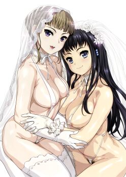 10s 2girls areola_slip bikini black_hair blue_eyes blush breasts bridal_veil bride brown_hair choker clockup covered_erect_nipples elbow_gloves eroge! eroge!_h_mo_game_mo_kaihatsu_zanmai euphoria_(clockup) gloves hamashima_shigeo highres himeno_kisara large_breasts long_hair looking_at_viewer manaka_nemu micro_bikini multiple_girls nipples open_mouth pubic_hair pubic_hair_peek purple_eyes see-through_clothes short_hair simple_background slingshot_swimsuit smile swimsuit thighhighs veil white_background white_bikini white_gloves white_legwear white_theme yuri