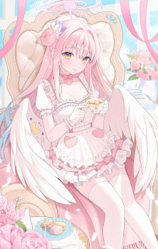1girl absurdres alternate_costume blue_archive blush breasts cleavage closed_mouth commentary cup dress flower gloves hair_bun hair_flower hair_ornament hair_scrunchie halo highres holding holding_cup long_hair looking_at_viewer mika_(blue_archive) pink_hair purple_flower purple_halo scrunchie short_sleeves single_side_bun sitting smile solo symbol-only_commentary tea teacup thighhighs white_dress white_gloves white_scrunchie white_thighhighs white_wings wings yagen_(user_mxur3238) zettai_ryouiki