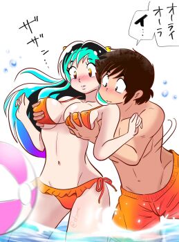 1boy 1girl bikini blush brown_eyes brown_hair covered_erect_nipples grabbing_another&#039;s_breast green_hair groping hetero highres horns long_hair looking_down lum male_swimwear moroboshi_ataru navel okome_mememe oni orange_bikini short_hair swimsuit urusei_yatsura yellow_eyes