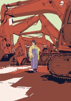 Rule 34 | 1girl, aqua ribbon, boots, brown footwear, brown hair, excavator, expressionless, flat color, green sky, hair ribbon, hand up, high heel boots, high heels, highres, japanese clothes, kimono, lace-up boots, limited palette, original, ribbon, shadow, shoes, short hair, sky, solo, tanaka hirotaka, walking, wide shot, wide sleeves, yellow kimono, yellow sky