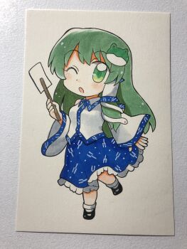 Rule 34 | 1girl, bad id, bad twitter id, black shoes, blue skirt, breasts, chibi, chibi only, commentary, detached sleeves, frilled skirt, frills, frog hair ornament, full body, gohei, green eyes, green hair, hair ornament, hair tubes, highres, holding, holding gohei, kochiya sanae, long hair, looking at viewer, maa (forsythia1729), medium breasts, one eye closed, open mouth, photo (medium), shoes, single hair tube, skirt, smile, snake hair ornament, socks, solo, touhou, traditional media, very long hair, white socks