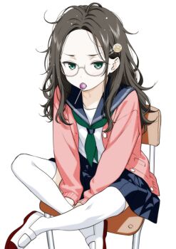 1girl black_hair black_sailor_collar black_skirt cardigan chair commentary_request forehead full_body glasses green_eyes green_neckerchief hair_ornament hairclip highres indian_style lollipop_in_mouth long_hair looking_at_viewer messy_hair moonsorrow neckerchief on_chair open_cardigan open_clothes original pale_skin parallel_hairclips pink_cardigan sailor_collar school_chair school_uniform semi-rimless_eyewear serafuku shirt shoes simple_background sitting skirt solo thighhighs uwabaki white-framed_eyewear white_background white_shirt white_shoes white_thighhighs