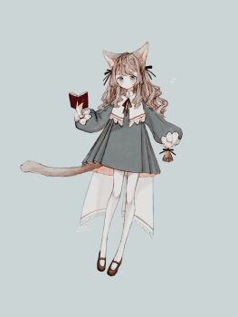 Rule 34 | 1girl, animal ears, bell, black ribbon, book, brown hair, brown ribbon, brown shoes, cape, cat ears, cat girl, cat tail, closed mouth, commentary request, dated, dress, green background, grey dress, grey eyes, hair ribbon, highres, holding, holding bell, holding book, limo nine, long sleeves, looking at viewer, musical note, neck ribbon, original, pantyhose, puffy long sleeves, puffy sleeves, ribbon, shirt, shoes, short dress, signature, simple background, solo, standing, tail, two-sided dress, two-sided fabric, white cape, white pantyhose, white shirt