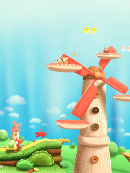 absurdres arrow_(symbol) blue_sky bush buttons cloud commentary_request day highres maribou_(supermaribou) mario_(series) nintendo no_humans outdoors poochy_(yoshi's_island) red_yoshi ribbon shy_guy sign sky sleeping sleeping_upright windmill yoshi yoshi's_woolly_world