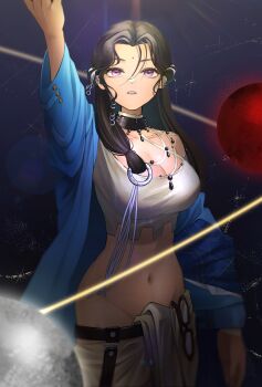 1girl bindi breasts comic_lo dark-skinned_female dark_skin gamcha highres indian kaalaa_baunaa large_breasts long_hair mature_female midriff reverse:1999 solo