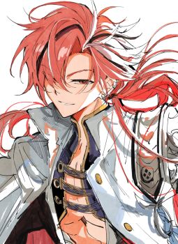 1boy black_hair earclip eyebrow_cut fate/grand_order fate_(series) hair_over_one_eye highres jacket looking_at_viewer low_ponytail male_focus multicolored_hair nagatekkou pectoral_cleavage pectorals ponytail red_eyes red_hair smile solo streaked_hair takasugi_shinsaku_(fate) toramaru_(696anna) underpec white_background white_hair white_jacket