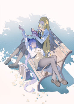 2girls absurdres arm_up ayako_(dfl) bag bench black_ribbon black_skirt blonde_hair blue_hair blunt_bangs book brown_skirt buttons closed_eyes closed_mouth collared_shirt crossed_legs dappled_sunlight falling_leaves flower flowers_(innocent_grey) forehead full_body ginkgo_leaf hair_flower hair_ornament hand_on_own_chest high-waist_skirt high_ponytail highres holding holding_book komikado_nerine lap_pillow leaf loafers long_hair long_sleeves looking_at_another lying multiple_girls neck_ribbon on_back on_bench open_book outstretched_arm pantyhose park_bench parted_bangs pleated_skirt ponytail purple_hair reading ribbon school_bag school_uniform shadow shirt shoes sidelocks sitting skirt sleeping smile sunlight suspender_skirt suspenders tree_shade very_long_hair white_flower white_shirt yatsushiro_yuzuriha yuri