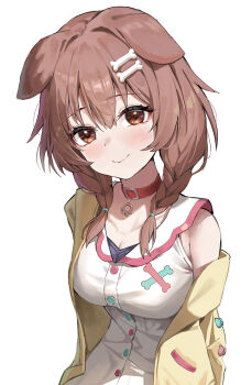 1girl animal_ears blush bone_hair_ornament braid breasts brown_eyes brown_hair choker cleavage collarbone dog_ears dog_girl double-parted_bangs dress hair_between_eyes hair_ornament highres hololive inugami_korone inugami_korone_(1st_costume) jacket krux_(k_krux) long_hair long_sleeves looking_at_viewer low_twin_braids medium_breasts red_choker simple_background sleeveless sleeveless_dress smile twin_braids virtual_youtuber white_background white_dress yellow_jacket