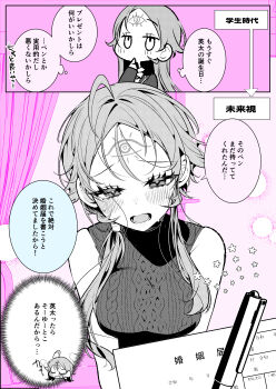 Rule 34 | 1girl, absurdres, ahoge, aran sweater, arrow (symbol), blush, breasts, cable knit, commentary request, eyelashes, facial mark, forehead mark, hair tubes, highres, long hair, open mouth, original, ouchi kaeru, pen, shadow, single hair tube, sleeveless, sleeveless sweater, solo, speech bubble, star (symbol), sweat, sweater, thought bubble, translation request