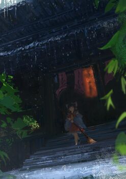 absurdres architecture barefoot bow broom dark east_asian_architecture hakurei_reimu highres japanese_clothes koukouya lantern leaf miko night outdoors plant rain red_bow shrine solo stairs touhou water_drop wet