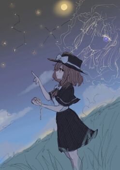 2girls black_capelet black_hat black_skirt blue_eyes bow brown_hair buttons capelet closed_mouth cloud commentary constellation constellation_request grass hair_bow hat highres holding holding_pocket_watch kashiwada_kiiho looking_up maribel_hearn medium_hair mob_cap moon multiple_girls night night_sky one_eye_covered open_mouth pocket_watch pointing pointing_up red_eyes shirt shirt_ribbon short_hair short_sleeves skirt sky solo_focus standing star_(sky) star_(symbol) touhou usami_renko watch white_bow white_hat white_shirt