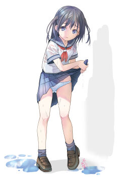 1girl absurdres black_hair blue_sailor_collar blue_skirt blue_socks brown_shoes closed_mouth commentary_request embarrassed flat_chest full_body gluteal_fold highres legs long_hair looking_at_viewer messy_hair neckerchief original panties pantyshot pleated_skirt pop_(electromagneticwave) purple_eyes red_neckerchief sailor_collar shirt shoes short_sleeves sidelocks signature skirt socks solo standing thighs twintails underwear wet wet_clothes wet_hair wet_shirt white_background white_panties white_shirt wringing_clothes wringing_skirt