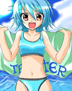 10s bikini blue_bikini blue_hair bunny_(trickster) day lowres red_eyes solo sports_bikini swimsuit tankini trickster_(ntreev_soft) water