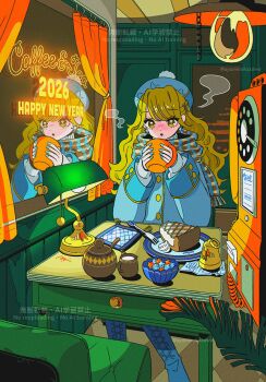 1girl 2026 blonde_hair blue_boots blue_jacket blue_nails blush boots ceiling_light chair commentary cup curtains desk_lamp earrings english_commentary food fork hair_between_eyes hair_ornament happy_new_year hat highres holding holding_cup indoors jacket jewelry lamp long_hair long_sleeves nakazawa_ayami new_year on_chair open_mouth original pie pie_slice reflection scarf sitting solo table tam_o'_shanter teapot wavy_hair x_hair_ornament yellow_eyes