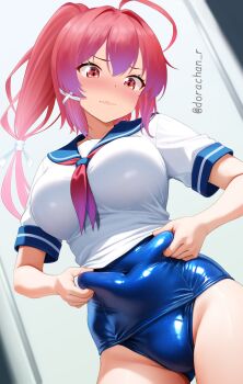 1girl ahoge blue_one-piece_swimsuit blue_sailor_collar blush breasts commentary_request covered_navel dorachan_r hair_ribbon highres i-168_(kancolle) impossible_clothes impossible_swimsuit kantai_collection long_hair medium_breasts neckerchief old_school_swimsuit one-piece_swimsuit pinching pinching_belly ponytail red_eyes red_hair red_neckerchief ribbon sailor_collar school_swimsuit school_uniform serafuku shirt short_sleeves solo stomach swimsuit swimsuit_under_clothes twitter_username white_shirt