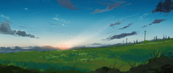 absurdres blue_sky cloud commentary dated_commentary english_commentary field gracile grass highres landscape nature no_humans original outdoors scenery sky sunrise utility_pole