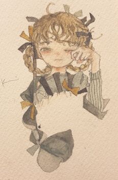 Rule 34 | 1girl, acrylic paint (medium), blush, bow, braid, brown eyes, brown hair, closed mouth, curly hair, green eyes, hand on own face, highres, karintoun, long sleeves, looking at viewer, medium hair, messy hair, original, painting (medium), portrait, ribbon, signature, simple background, straight-on, striped sleeves, sweater, traditional media, twin braids, watercolor (medium)