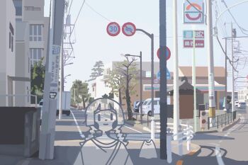 1girl architecture blush box_truck building car cityscape commentary convenience_store day double-parted_bangs east_asian_architecture ghost highres japan kyora_san long_hair low_twintails motor_vehicle original outdoors parking_lot power_lines railing road road_sign scenery see-through_body shadow sheet_ghost shirt shop sign sky smile solid_oval_eyes solo speed_limit_sign t-shirt traffic_light tree truck twintails upper_body utility_pole