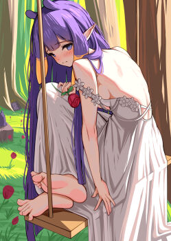 1girl barefoot blush breasts dress feet flower highres hololive hololive_english long_hair looking_at_viewer medium_breasts minted ninomae_ina'nis on_swing pointy_ears purple_eyes purple_hair rose soles swing toes virtual_youtuber