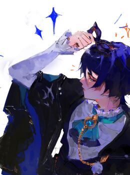 Rule 34 | 1boy, absurdres, alternate costume, ascot, bishounen, blue ascot, chain, closed mouth, genshin impact, hand up, highres, male focus, mask, masquerade mask, ouji fashion, purple hair, scaramouche (genshin impact), shirt, short hair, simple background, solo, upper body, w3botes, wanderer (genshin impact), white background, white shirt