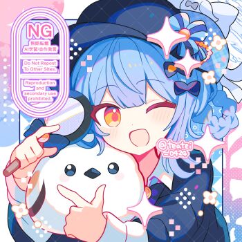 1girl ;d bird black_hat black_jacket blue_hair blush bow braid braided_hair_rings collared_shirt commentary commission dot_nose hair_bow hair_rings hat highres holding holding_magnifying_glass jacket long_sleeves looking_at_viewer magnifying_glass mahou_shoujo_no_majo_saiban one_eye_closed open_mouth portrait shirocha_tei shirt short_hair skeb_commission smile solo sparkle tachibana_sherry twitter_username watermark white_bow white_shirt yellow_eyes