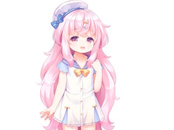 1girl ahoge blue_bow blue_sailor_collar blue_sleeves bow bowtie buttons cowboy_shot crossed_bangs dot_nose dress game_cg hand_up harem_futago_lolita hat hat_bow large_variant_set long_hair looking_at_viewer non-web_source open_mouth pink_eyes pink_hair sailor_collar sailor_dress short_dress short_sleeves simple_background smile solo standing striped_bow tachi-e tomari_(harem_futago_lolita) transparent_background usashiro_mani variant_set white_dress white_hat yellow_bow yellow_bowtie