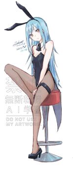 1other animal_ears black_leotard blue_hair commentary_request detached_collar fake_animal_ears high_heels highres leotard long_hair looking_at_viewer on_stool other_focus pantyhose playboy_bunny rabbit_ears rimuru_tempest sakunotoon signature sitting tailcoat_playboy_bunny tensei_shitara_slime_datta_ken watermark white_background yellow_eyes