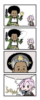 10s 4koma :< afro azito7 black_hair chibi chicobo chocobo comic driving final_fantasy final_fantasy_xiii gun handgun highres imagining lightning_farron piloting pink_hair sazh_katzroy silent_comic weapon