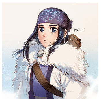 Rule 34 | 1girl, 2021, ainu, ainu clothes, asirpa, black hair, blue eyes, cloak, commentary request, dated, earrings, eyelashes, foxvulpine, fur cloak, golden kamuy, headband, hoop earrings, jewelry, long hair, looking at viewer, parted lips, solo, upper body