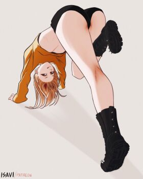 1girl ass ass_focus black_boots blonde_hair boots chainsaw_man cross-shaped_pupils full_body grey_background highres isavi leg_lift long_hair micro_shorts orange_shirt power_(chainsaw_man) shirt shorts simple_background solo spiked_boots symbol-shaped_pupils yellow_eyes