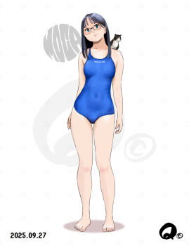 1girl animal animal_on_shoulder artist_logo black_hair blue_one-piece_swimsuit cat cat_on_shoulder competition_swimsuit dated full_body glasses logo long_hair one-piece_swimsuit original q98780409 red-framed_eyewear simple_background swimsuit white_background