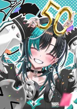 1girl aqua_hair black_choker black_dress black_hair blush choker closed_eyes closed_mouth dress earrings headphones headphones_around_neck highres hololive hololive_dev_is jewelry medium_hair mole mole_on_neck multicolored_hair rindo_chihaya rindo_chihaya_(1st_costume) ring smile solo streaked_hair uchi1048 virtual_youtuber white_streaks