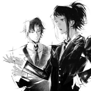 Rule 34 | 1boy, 1girl, black hair, black necktie, chainsaw man, collared shirt, crossed arms, formal clothes, hand on own hip, high ponytail, highres, kurose yuutarou, looking at another, looking to the side, messy hair, necktie, open mouth, ponytail, scar, scar on face, shirt, short hair, sidelocks, simple background, suit, tendou michiko, tuzaixia, white background, white shirt