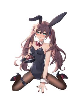 Rule 34 | 1girl, animal ears, black leotard, black shoes, blue eyes, breasts, brown hair, cleavage, commission, glitch stars, hair ribbon, hat, highres, holding, holding unworn clothes, holding unworn hat, koumorinahi, leah asimov, leotard, pantyhose, playboy bunny, rabbit ears, ribbon, shoes, sitting, small breasts, thigh strap, twintails, unworn hat, unworn headwear, vgen commission, virtual youtuber, white background, wrist cuffs
