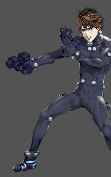 1boy black_bodysuit bodysuit brown_eyes brown_hair dual_wielding finger_on_trigger foot_out_of_frame gantz gantz_suit grey_background gun hair_between_eyes hands_up highres holding holding_gun holding_weapon kurono_kei latex latex_bodysuit lips looking_at_viewer official_art oku_hiroya open_mouth outstretched_arm short_hair simple_background solo standing tsurime weapon x-gun