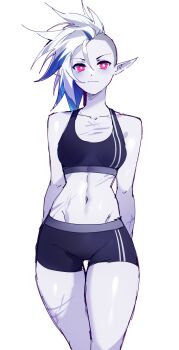 1girl absurdres asymmetrical_hair black_sports_bra blade_(nsfwolf) blue_hair closed_mouth collarbone colored_skin commentary cowboy_shot english_commentary grey_skin highres multicolored_hair navel nsfwolf original pink_eyes pointy_ears scar scar_on_arm scar_on_chest scar_on_leg scar_on_stomach sidecut simple_background smile solo sports_bra stomach straight-on two-tone_hair undercut underwear underwear_only white_background white_hair