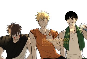 Rule 34 | 3boys, bare shoulders, black hair, black shirt, blonde hair, blunt ends, bowl cut, brown hair, can, closed eyes, facial mark, gon012607, grin, hair between eyes, highres, holding, holding can, inuzuka kiba, looking at another, male focus, multiple boys, naruto (series), one eye closed, orange shirt, rock lee, shirt, short hair, sleeveless, sleeveless shirt, sleeves rolled up, smile, spiked hair, sweat, teeth, thick eyebrows, towel, towel around neck, twitter username, upper body, uzumaki naruto, whisker markings, white background, white shirt