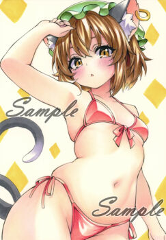 1girl alternate_costume animal_ear_fluff animal_ear_piercing animal_ears bikini blush brown_eyes brown_hair cat_ears cat_tail chen commentary_request earrings green_hat halterneck hat hoop_earrings jewelry looking_at_viewer miyakooo0420 mob_cap multiple_tails navel nekomata open_mouth red_bikini sample_watermark side-tie_bikini_bottom single_earring solo stomach swimsuit tail touhou traditional_media two_tails watermark