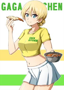 1girl alternate_costume blonde_hair blue_eyes bowl braid closed_mouth clothes_writing commentary cowboy_shot cropped_shirt darjeeling_(girls_und_panzer) food girls_und_panzer giving highres holding holding_bowl holding_food leaning_forward looking_at_viewer midriff miniskirt navel omachi_(slabco) pleated_skirt shirt short_hair short_sleeves skirt smile solo standing t-shirt text_background twin_braids white_background white_skirt yellow_shirt