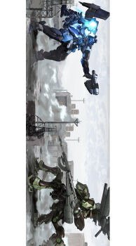 absurdres armored_core armored_core_vi:_fires_of_rubicon assault_rifle barren_flower_(armored_core_vi) border building clenched_hand cloud cloudy_sky commentary_request dust_cloud energy_cannon extra_eyes faceoff from_side full_body grey_sky gun handgun highres holding_cannon mecha missile_pod mountainous_horizon no_humans pillarboxed refus rifle robot rubble scaffolding shoulder_cannon sky sparks steel_haze_ortus thrusters transmission_tower utility_pole walker_(robot) weapon white_border