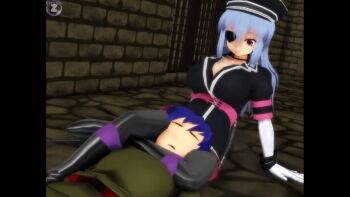 1boy 1girl 3d animated animated_gif asphyxiation bdsm between_legs black_dress boko877 bouncing_breasts breasts cleavage cuffs dress eyepatch faceless faceless_male femdom figure_four_sitting girl_beats_hero girl_on_top gloves handcuffs hat headlock jiggle large_breasts long_hair long_sleeves rpg_maker sitting strangling submission_hold white_gloves wrestling