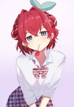1girl ange_katrina blue_eyes blush bow bowtie braid cherry cherry_earrings cherry_pop_(vocaloid) closed_mouth collared_shirt commentary_request cowboy_shot crossed_bangs double_bun earrings food food-themed_earrings food_themed_earrings fruit gingham_bowtie gingham_clothes gingham_skirt gradient_background green_bow hair_between_eyes hair_bow hair_bun hair_intakes hair_ornament heart heart_hair_ornament highres jewelry leaning_forward looking_at_viewer medium_hair mouth_hold multicolored_hair nijisanji official_alternate_costume purple_background red_bow red_bowtie red_hair red_skirt shirt simple_background skirt sleeves_rolled_up solo streaked_hair sweatdrop trtr_osoba two-tone_hair virtual_youtuber white_bow white_bowtie white_hair white_shirt white_skirt
