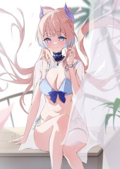 belly bikini blue_eyes blunt_bangs choker commentary curtains genshin_impact hair_ornament highres hime_cut light_smile long_hair navel nenight pink_hair ribbon sangonomiya_kokomi swimsuit table untranslatable_commentary