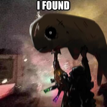 1girl ahab_(project_moon) animal commentary e.g.o_(project_moon) english_commentary english_text fireworks gasharpoon_(e.g.o) hands_up harpoon hat highres holding holding_animal i_found_(meme) limbus_company long_hair meme old old_woman project_moon prosthesis prosthetic_arm the_pallid_whale unower_s