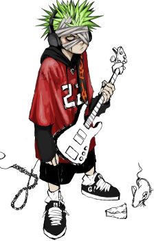 1boy bags_under_eyes bandage_on_face bandages black_hoodie black_shoes black_shorts cable cheese electric_guitar face_piercing food frown green_hair guitar headphones highres holding holding_cable holding_guitar holding_instrument hood hood_down hoodie instrument jersey labret_piercing layered_sleeves looking_at_viewer loose_socks male_focus mouse_(animal) nu_punxxxz original oversized_clothes oversized_shirt piercing shirt shoes short_hair shorts sleeves_past_wrists sneakers socks solo spiked_hair unfinished white_socks yellow_eyes