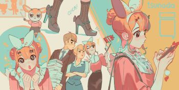 1boy 2girls aggressive_retsuko anai_(aggretsuko) bow cellphone cellphone_charm charm_(object) double_bun english_text fenneko furry furry_female gazelle hair_bun high_heels highres humanization multiple_girls office_lady orange_hair phone pixiescout selfie_stick shoes thick_eyebrows tsunoda_(aggretsuko)